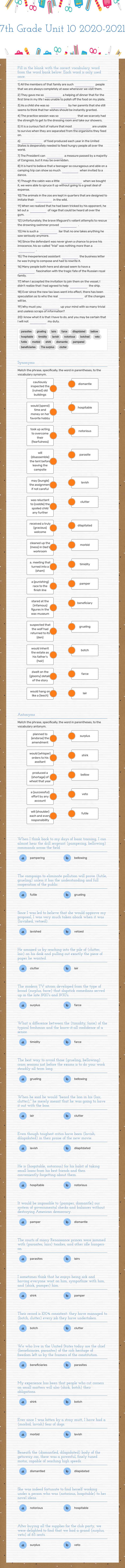 7th Grade Unit 10 2020-2021 worksheet preview image