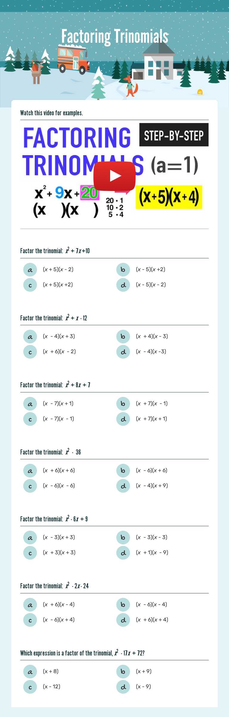 Factoring Trinomials worksheet preview image