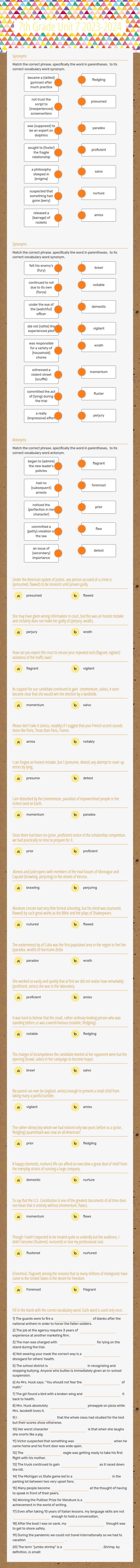 7th Grade Unit 7 2023-2024 worksheet preview image