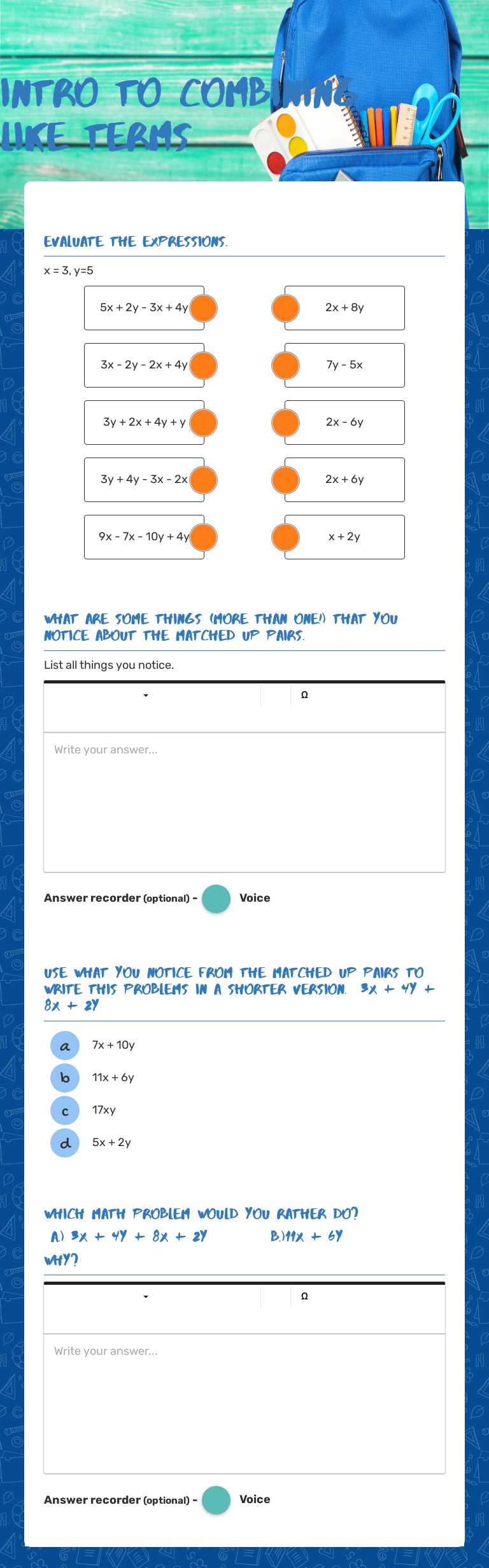 Intro to Combining like Terms worksheet preview image
