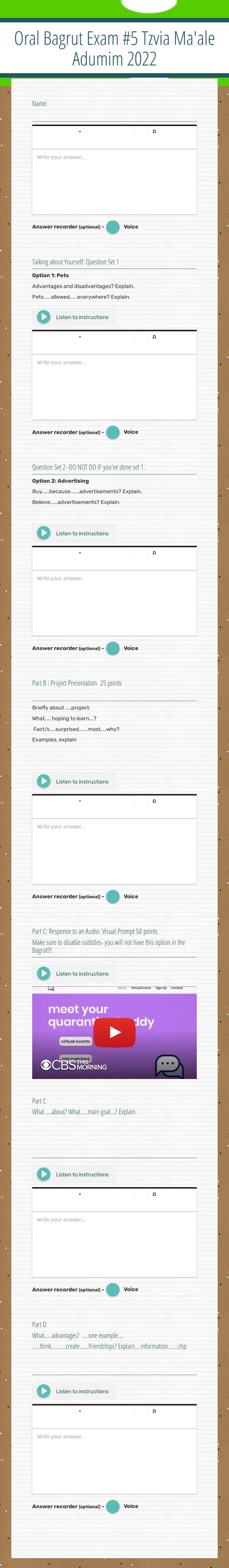 Oral Bagrut Exam #5 Tzvia Ma'ale Adumim 2022 worksheet preview image