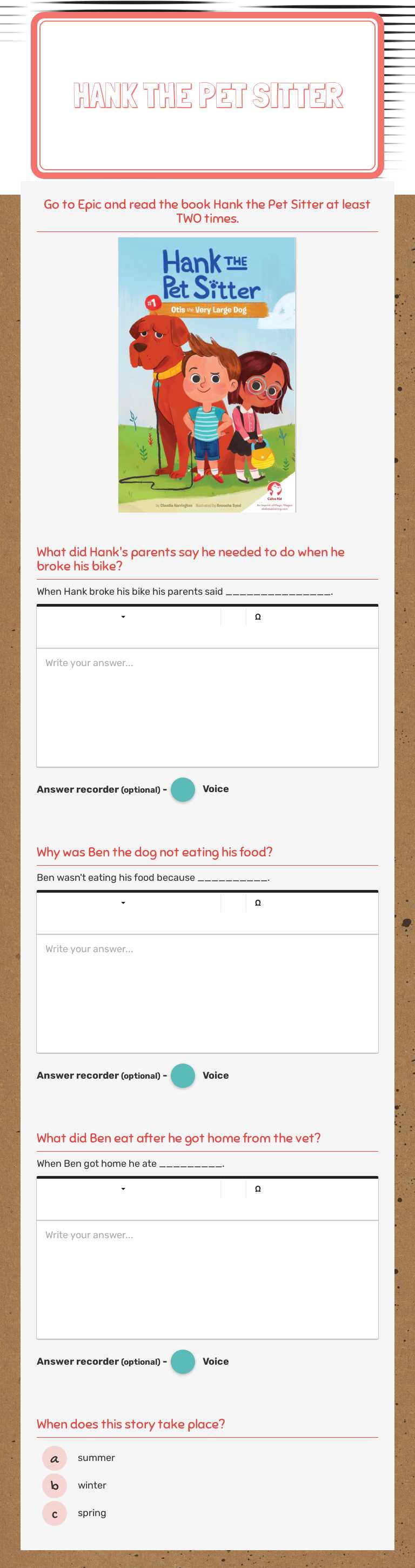 Hank the Pet Sitter worksheet preview image