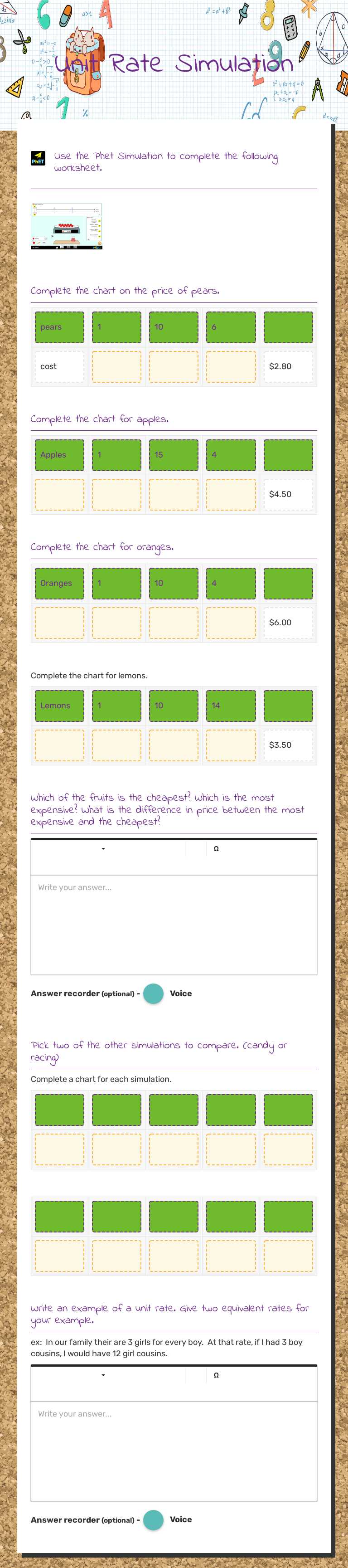 Unit Rate Simulation Grade 6 worksheet preview