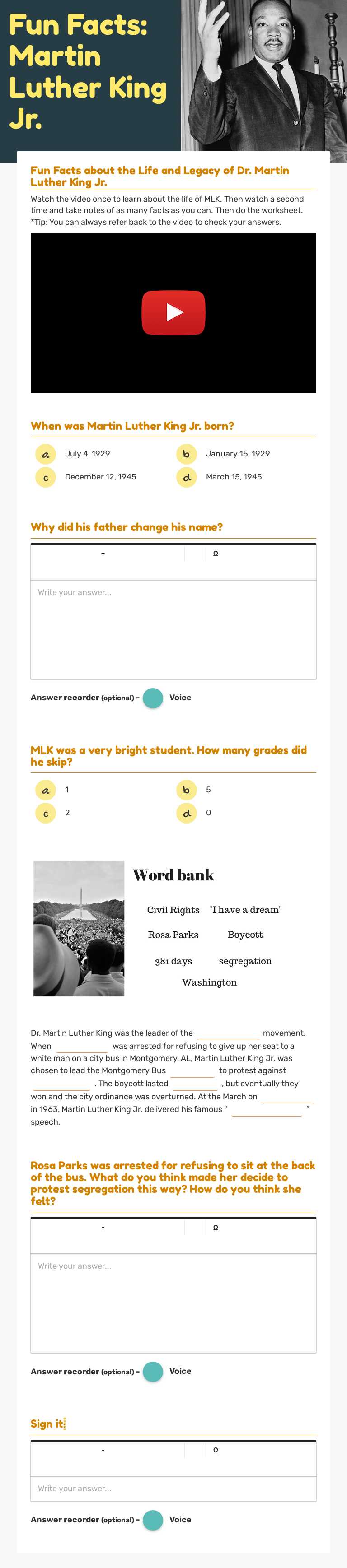 Fun Facts: Martin Luther King Jr. Grade 5 worksheet preview