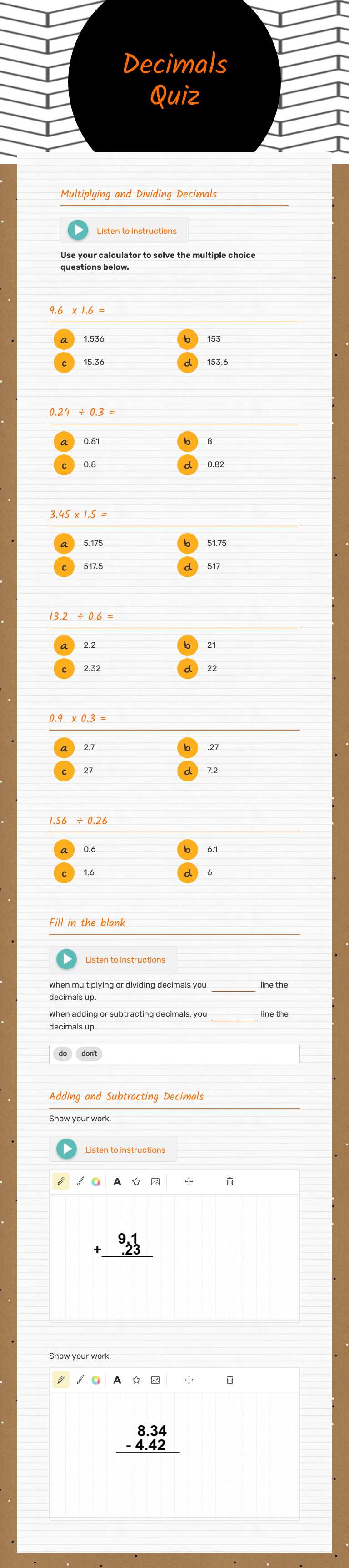 Decimals Quiz worksheet preview image