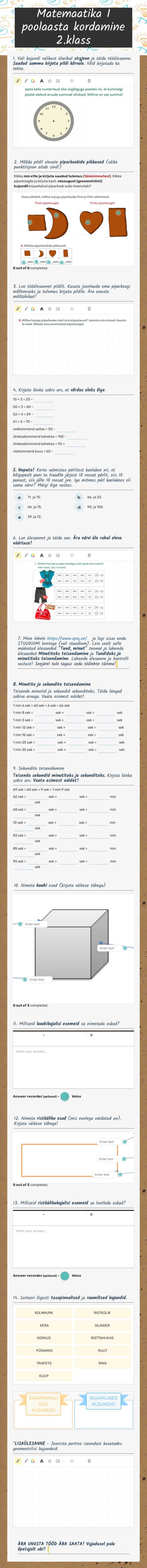 Matemaatika I poolaasta kordamine 2.klass worksheet preview image