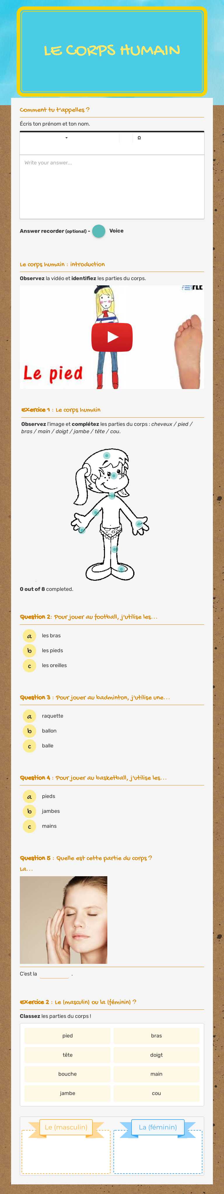 le corps humain worksheet preview image