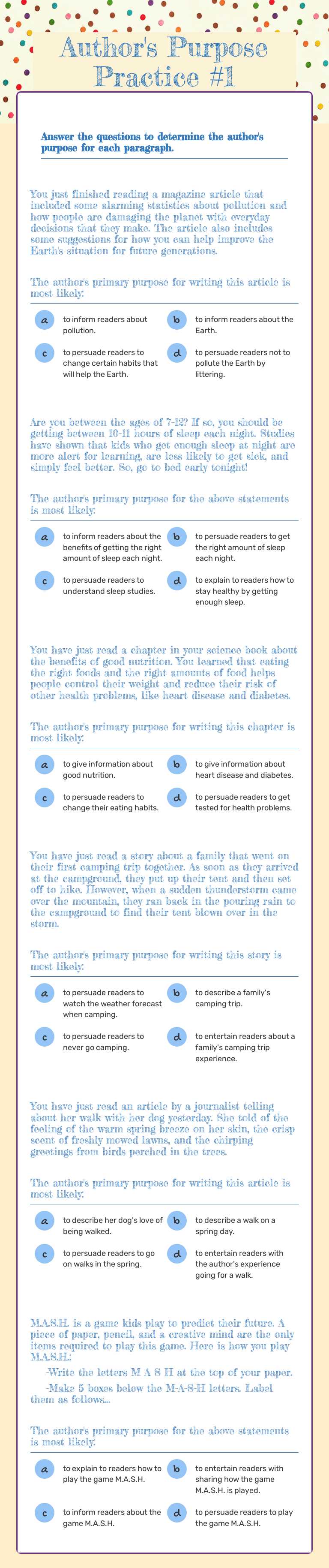Author's Purpose Practice #1 Grade 4 worksheet preview