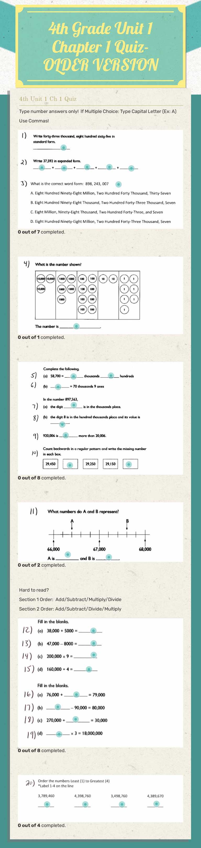 4th Grade Unit 1
Chapter 1 Quiz- OLDER VERSION Grade 4 worksheet preview
