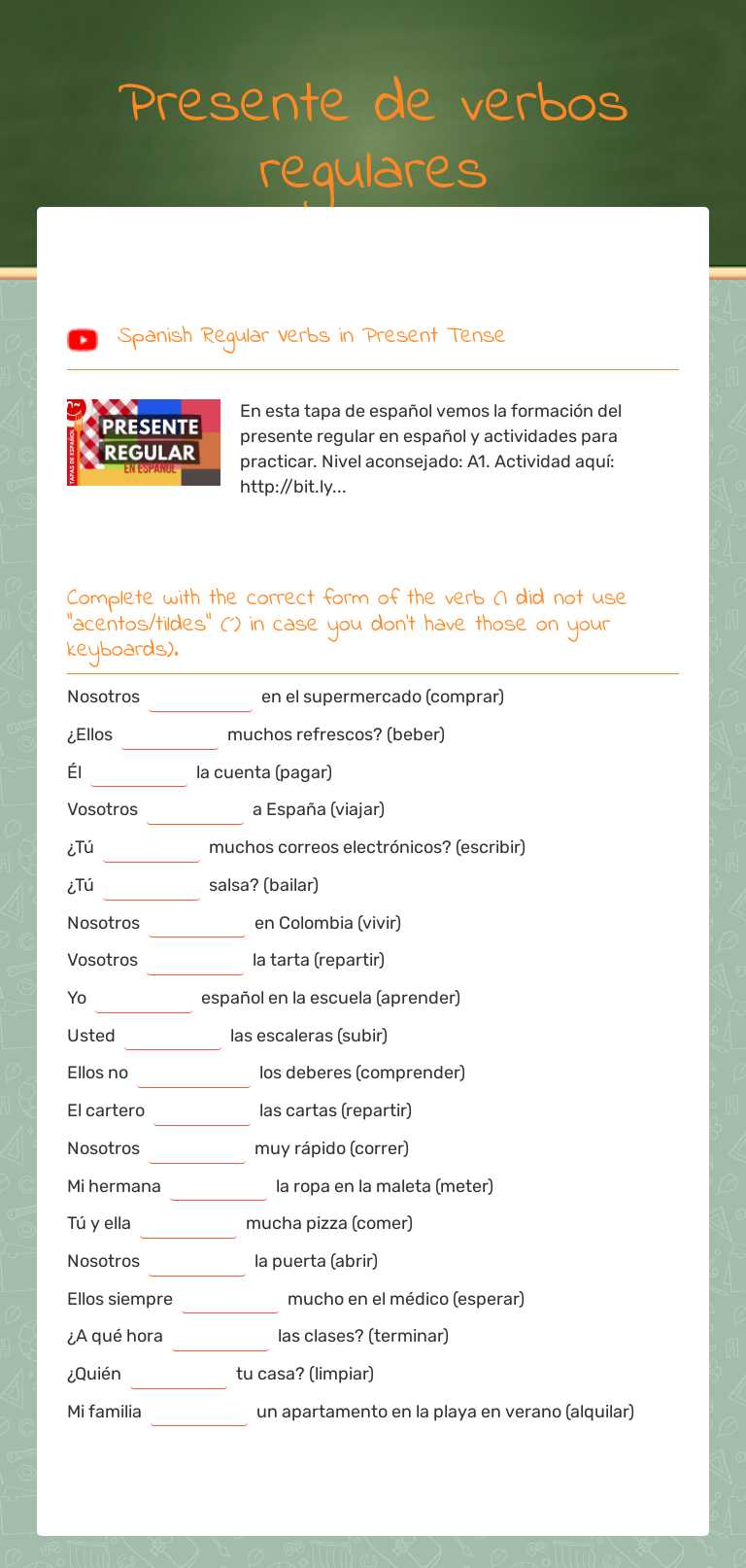 Presente de verbos regulares worksheet preview image