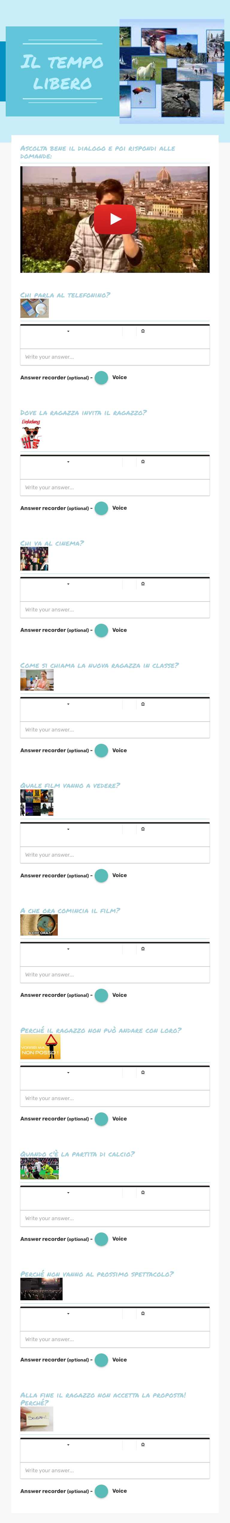 Il tempo libero Grade 6 worksheet preview