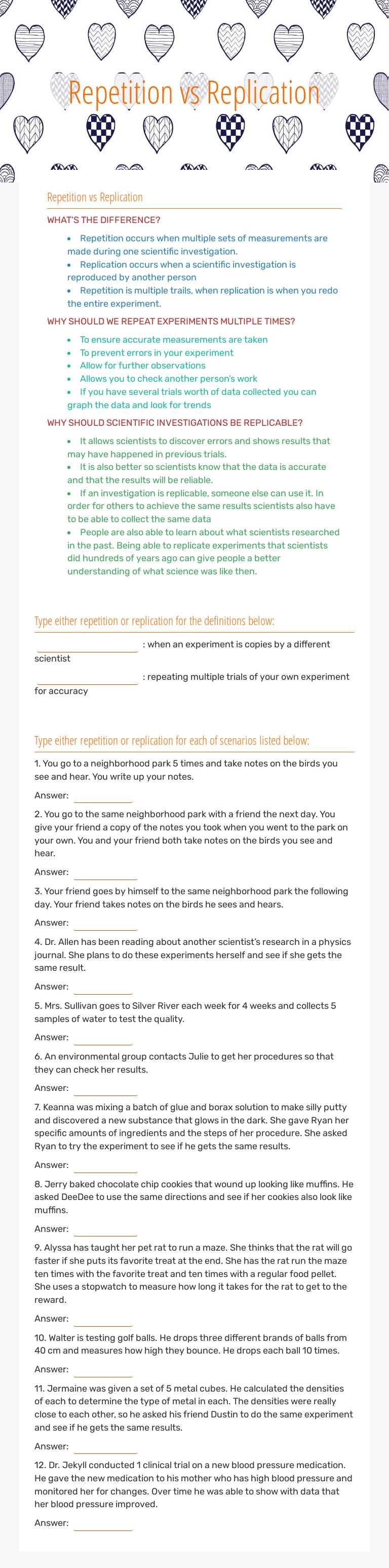 Repetition vs Replication worksheet preview image