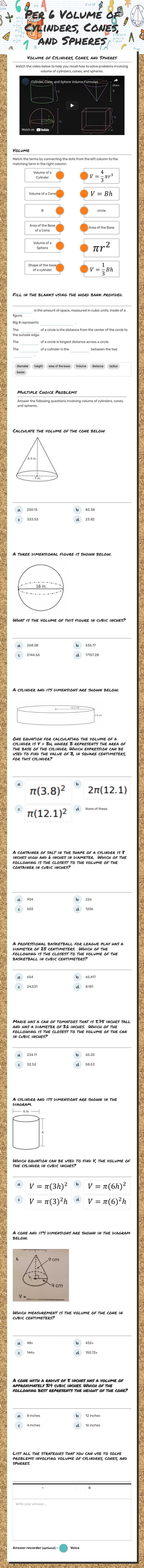 Per 6 Volume of Cylinders, Cones, and Spheres worksheet preview image
