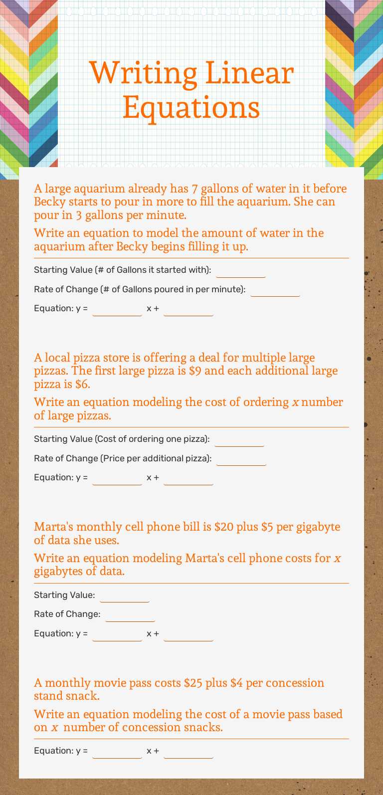 Writing Linear Equations Grade 9 worksheet preview
