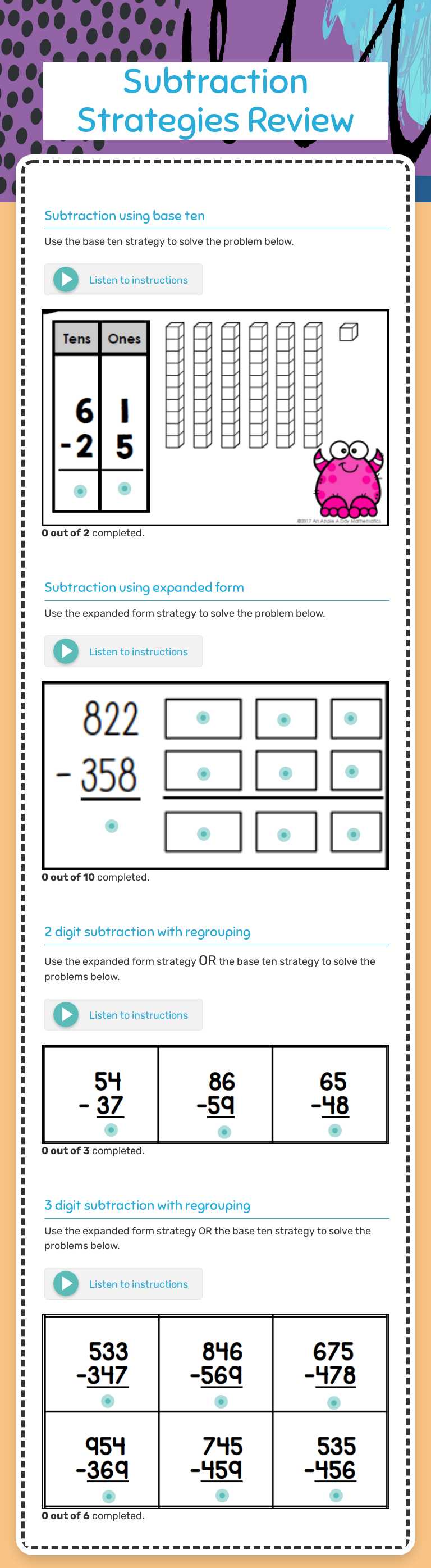 Subtraction Strategies Review worksheet preview image