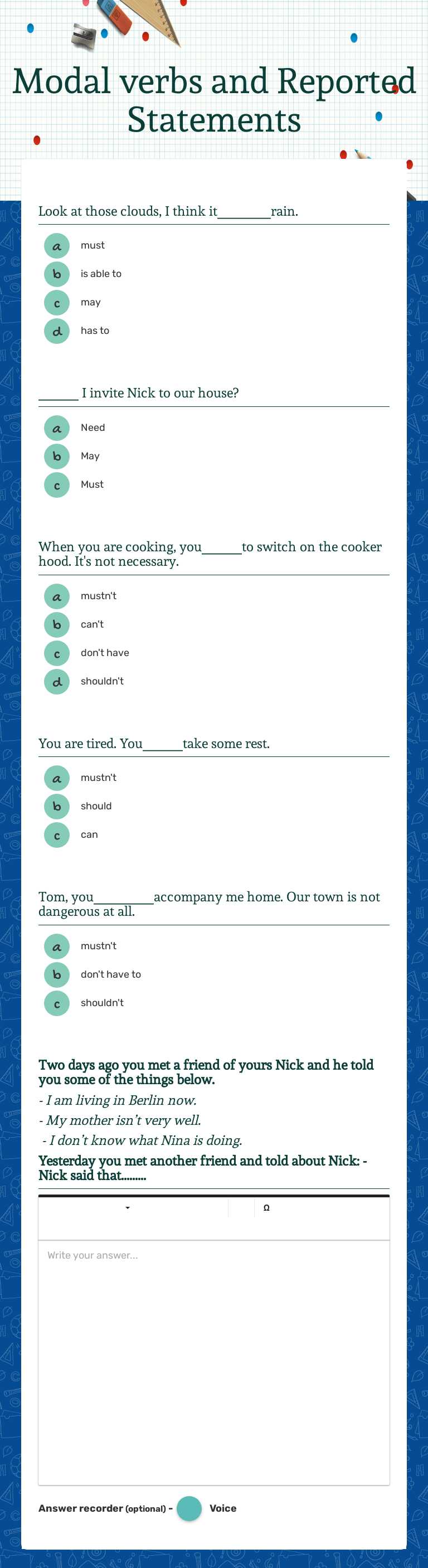 Modal verbs and Reported Statements worksheet preview image
