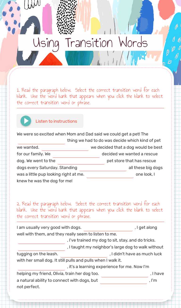 Using Transition Words worksheet preview image
