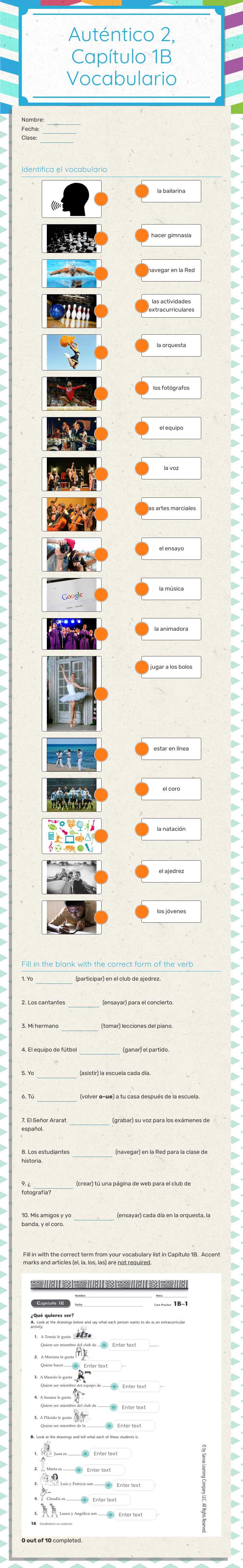 Auténtico 2, Capítulo 1B Vocabulario worksheet preview image