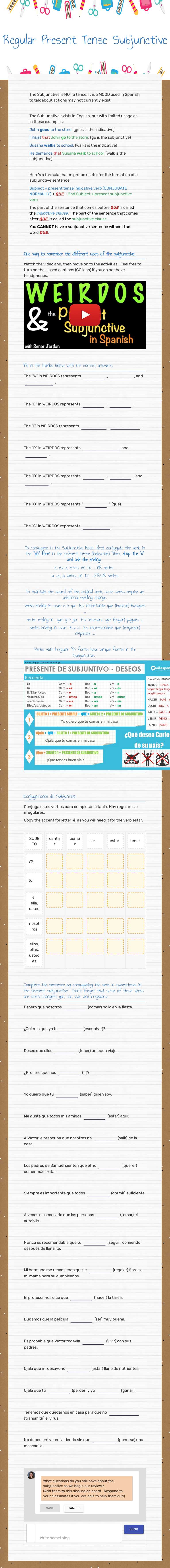Regular Present Tense Subjunctive worksheet preview image