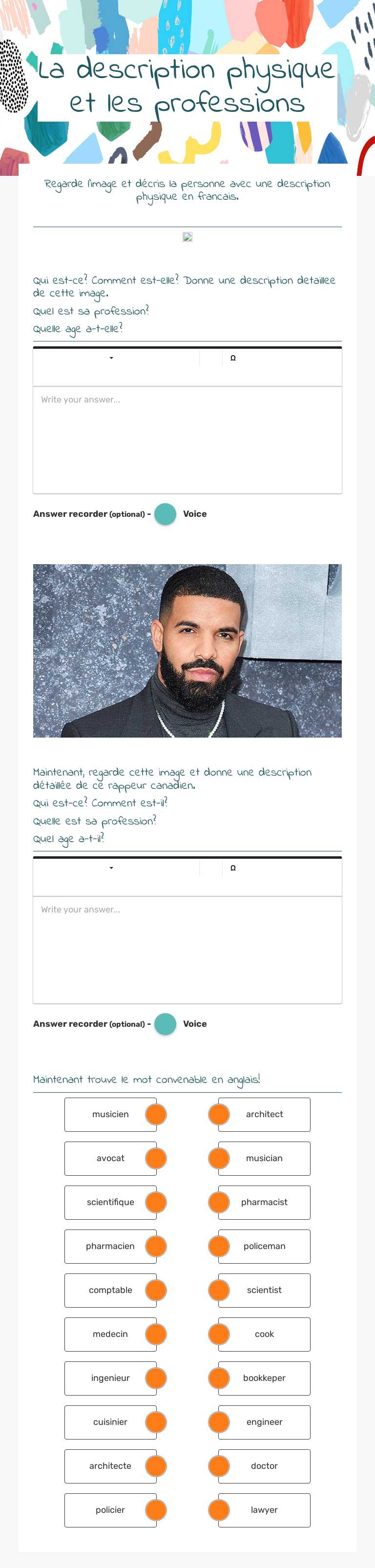 La description physique et les professions worksheet preview