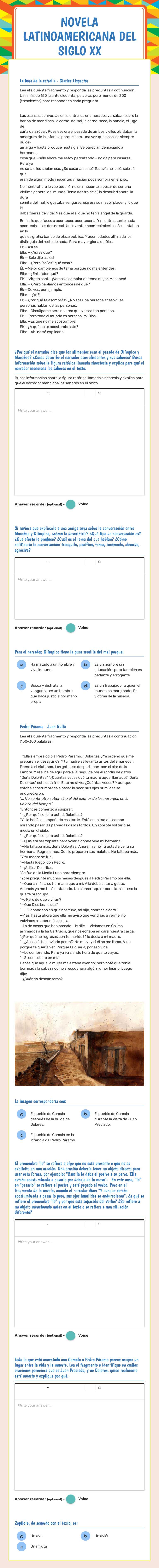novela latinoamericana del siglo xx worksheet preview