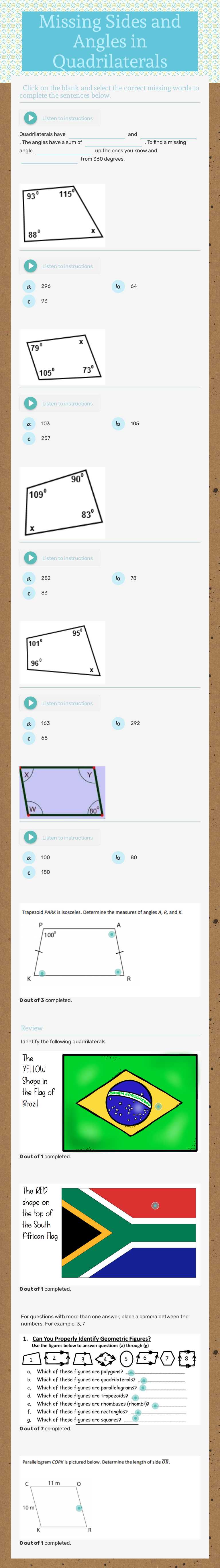 Missing Sides and Angles in Quadrilaterals Grade 7 worksheet preview