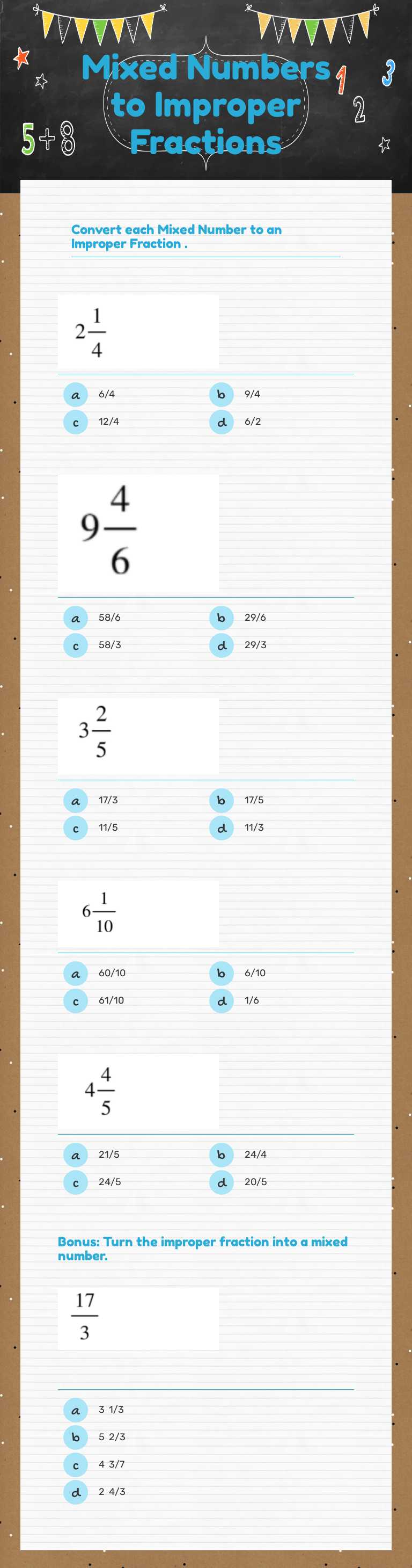 Mixed Numbers to Improper Fractions Grade 4 worksheet preview