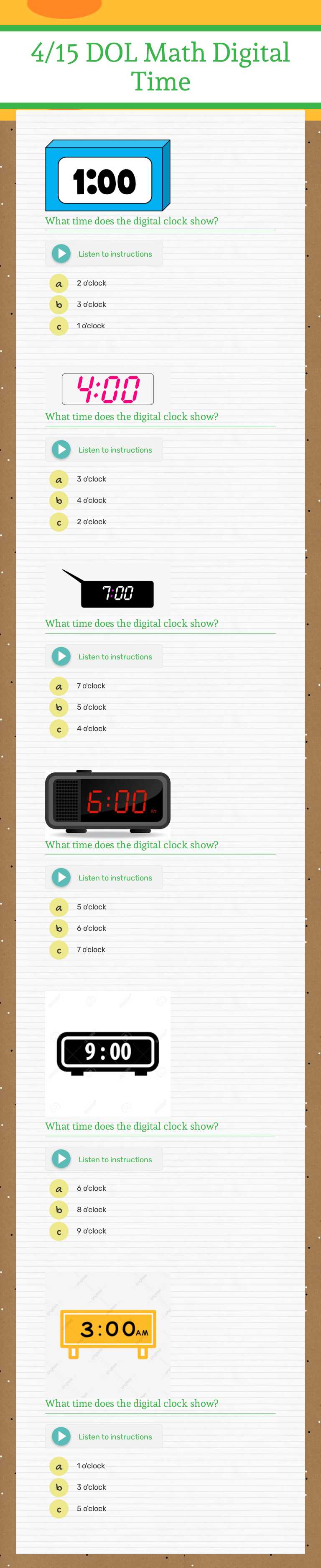4/15 DOL Math Digital Time Grade 1 worksheet preview