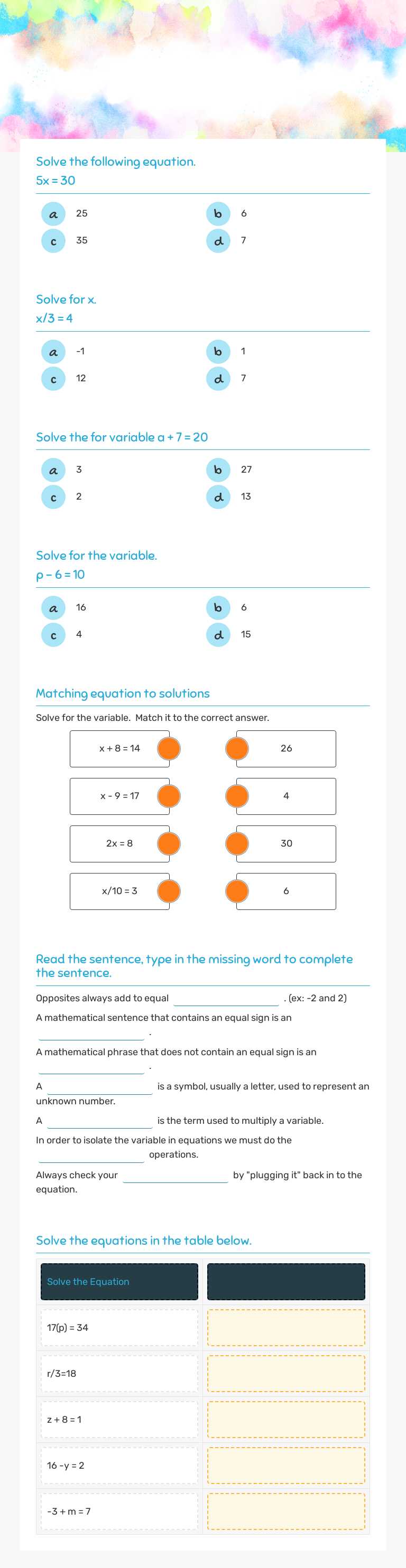 solving one step equations worksheet preview image