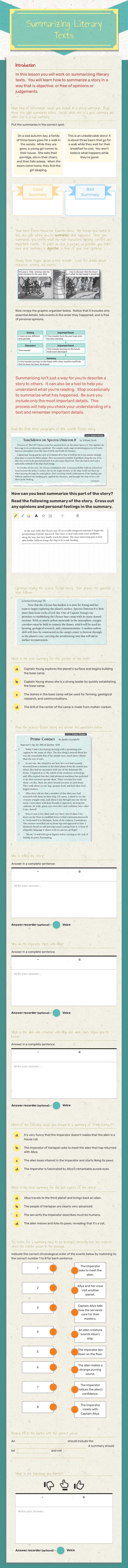 Summarizing Literary Texts worksheet preview image