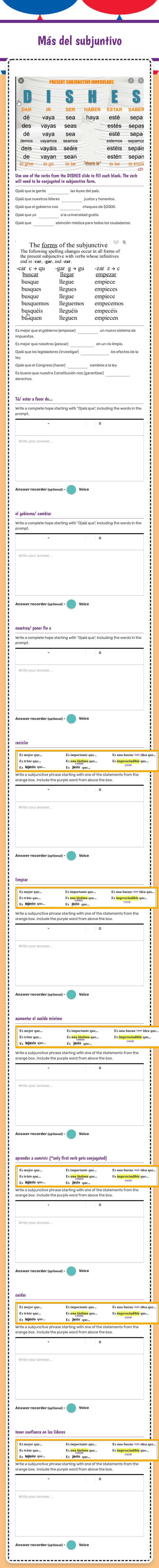Más del subjuntivo Grade 10 worksheet preview