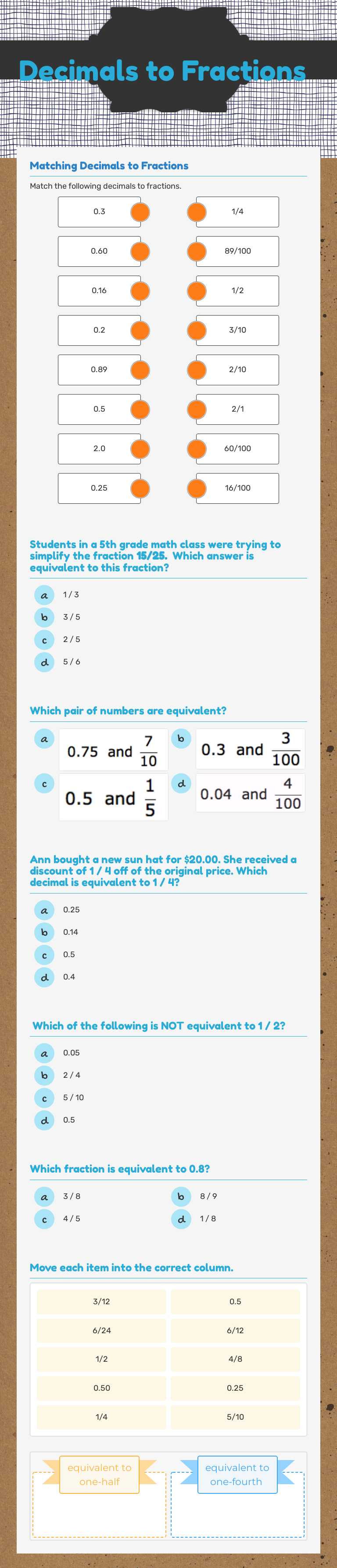 Decimals to Fractions worksheet preview image