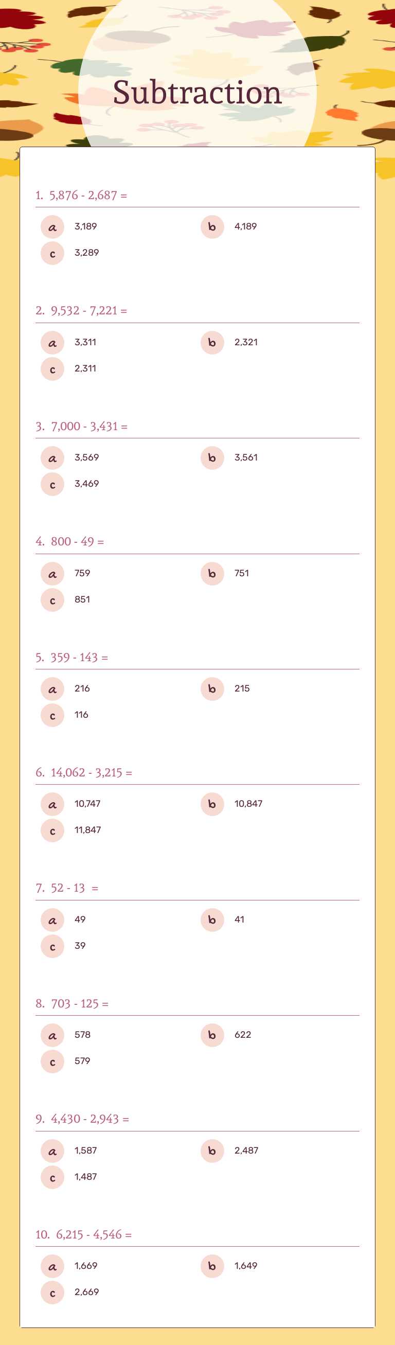 Subtraction Grade 4 worksheet preview