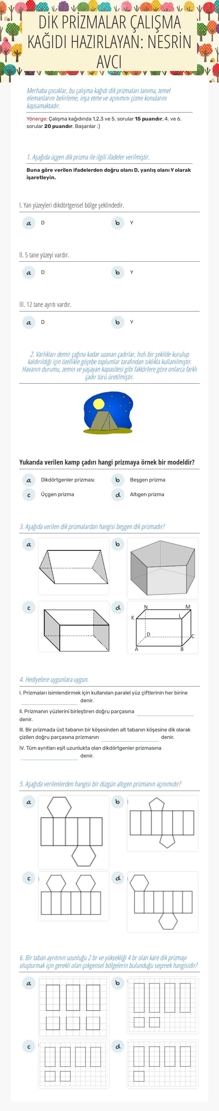 DİK PRİZMALAR ÇALIŞMA KAĞIDI    HAZIRLAYAN: NESRİN AVCI worksheet preview image