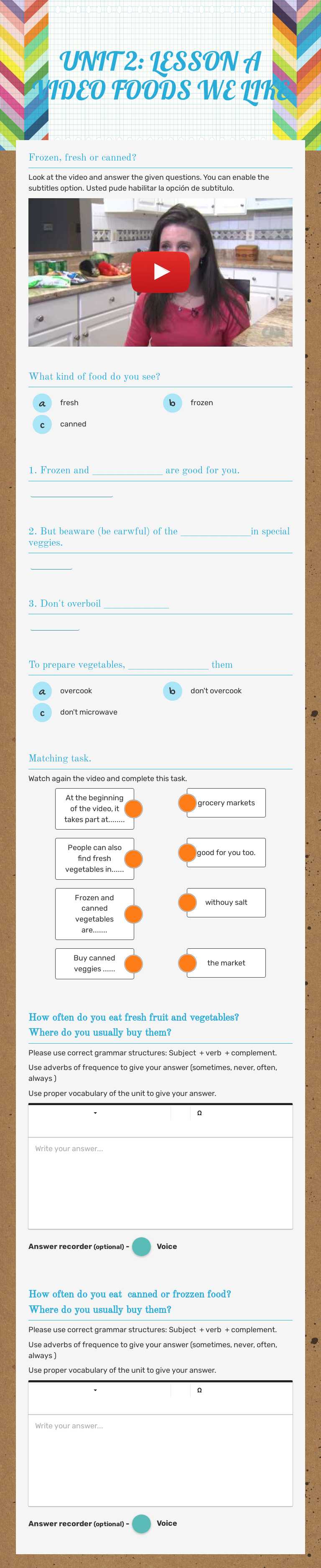 UNIT 2: LESSON A 
                 VIDEO                       FOODS WE LIKE worksheet preview image