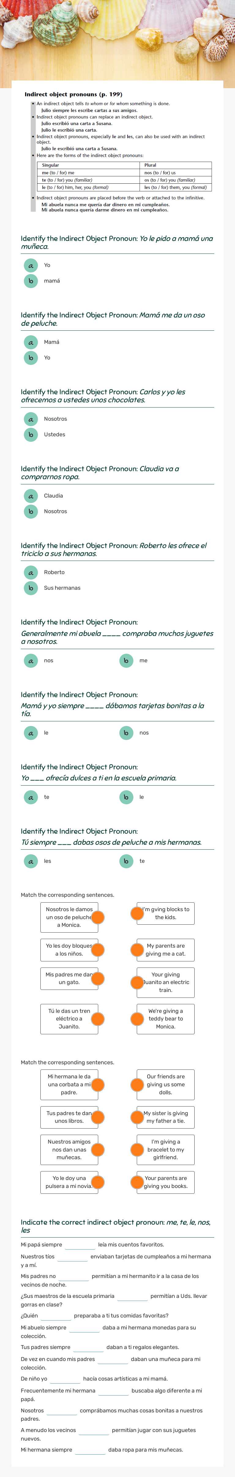 Indirect object pronouns worksheet preview image