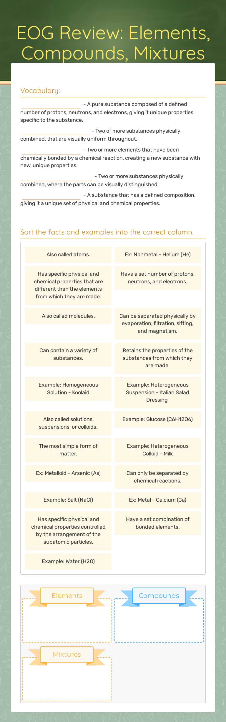 EOG Review: Elements, Compounds, Mixtures worksheet preview image