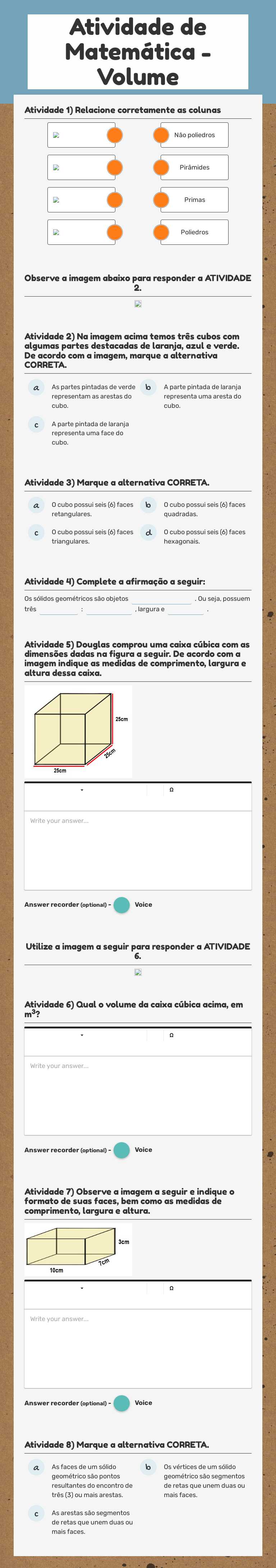 Atividade de Matemática - Volume worksheet preview image