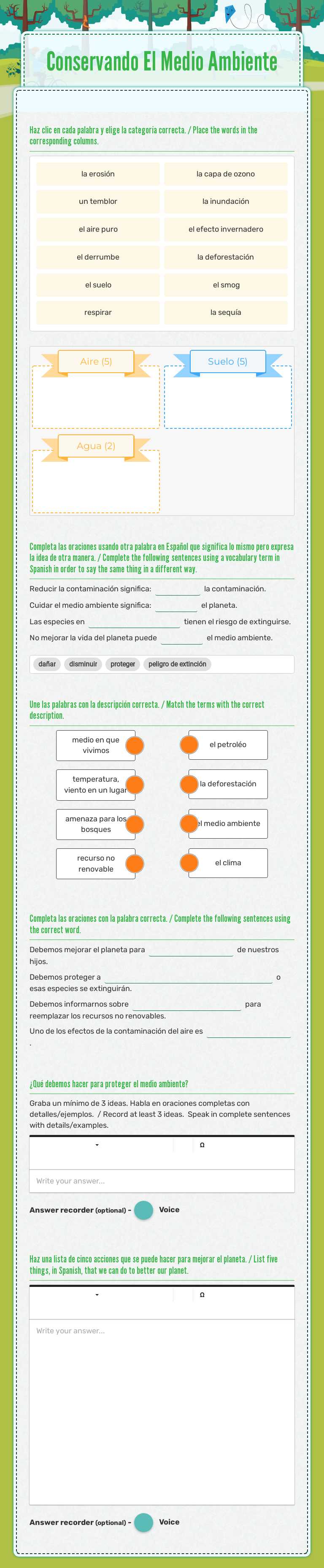 Conservando El Medio Ambiente worksheet preview image