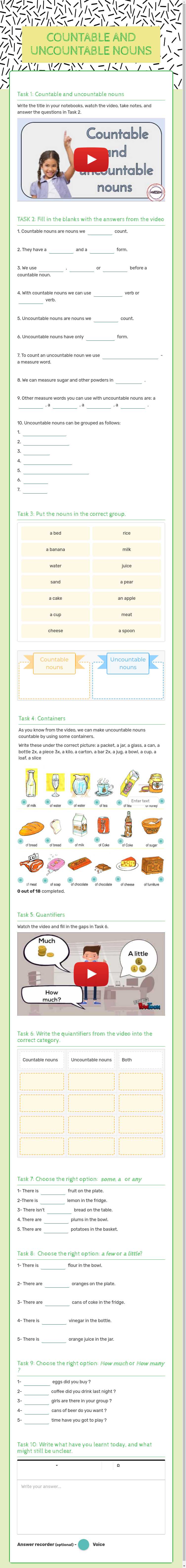 COUNTABLE AND UNCOUNTABLE NOUNS worksheet preview image