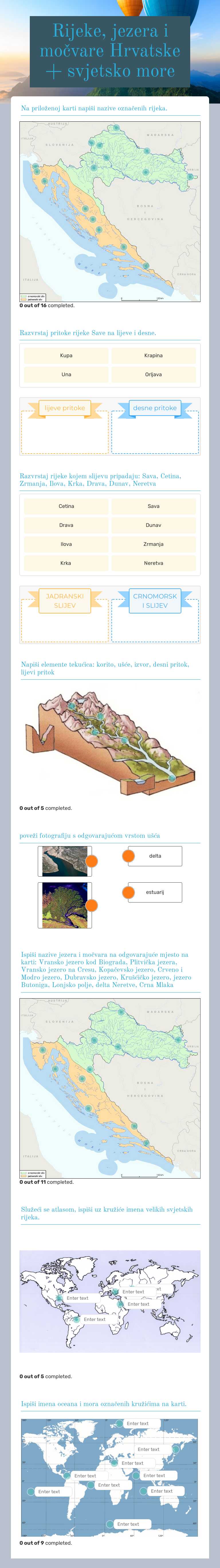 Rijeke, jezera i močvare Hrvatske + svjetsko more worksheet preview image
