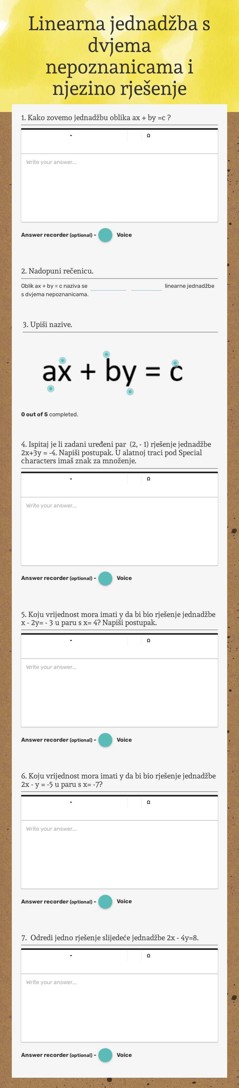 Linearna jednadžba s dvjema nepoznanicama i njezino rješenje Grade 7 worksheet preview