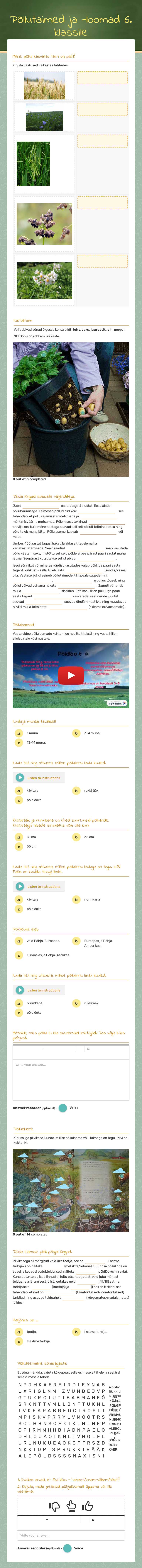 Põllutaimed ja -loomad 6. klassile Grade 6 worksheet preview