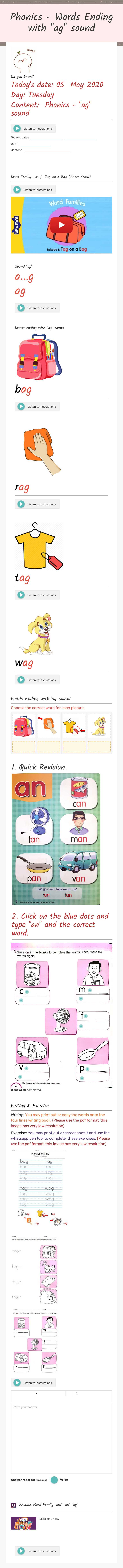Phonics - 
Words Ending with  
"ag" sound worksheet preview image