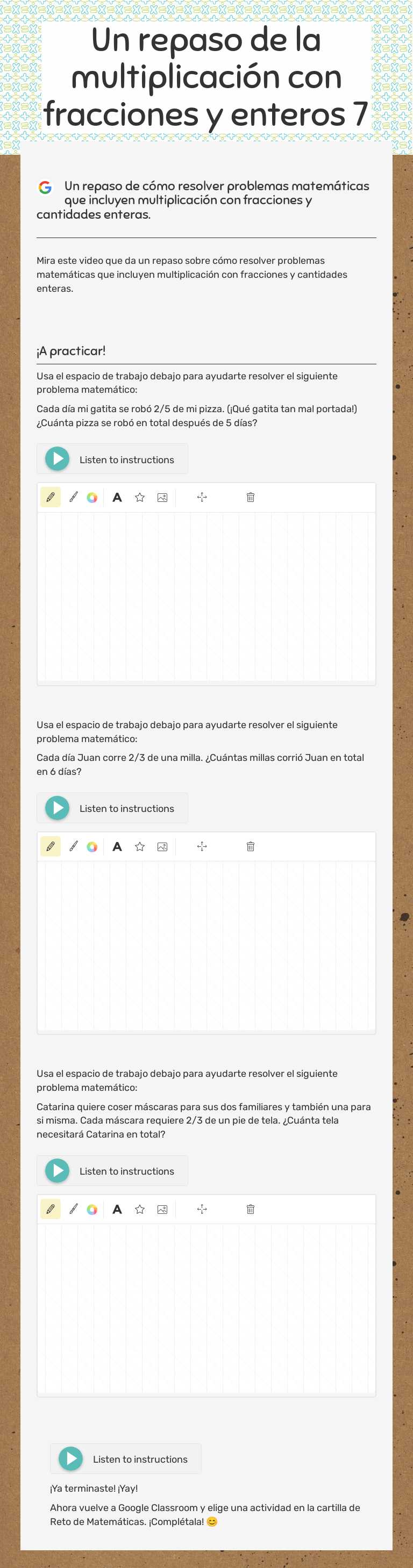 Un repaso de la multiplicación con fracciones y enteros 7 worksheet preview image