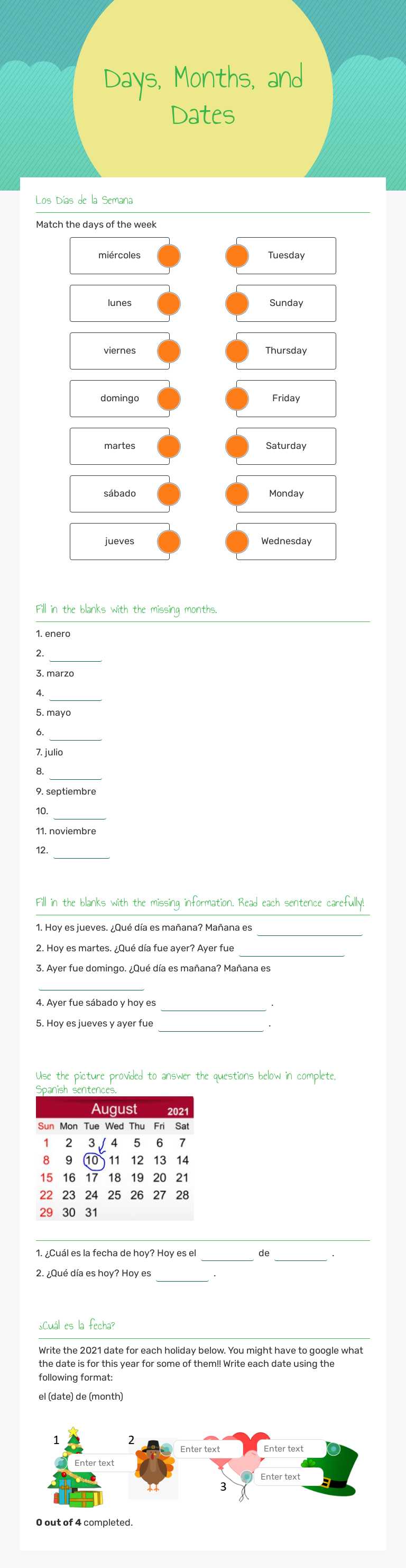 Days, Months, and Dates worksheet preview image