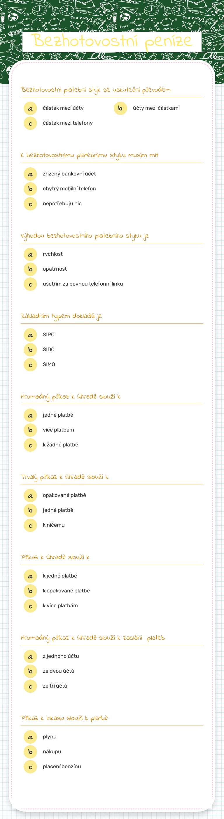 Bezhotovostní peníze worksheet preview image