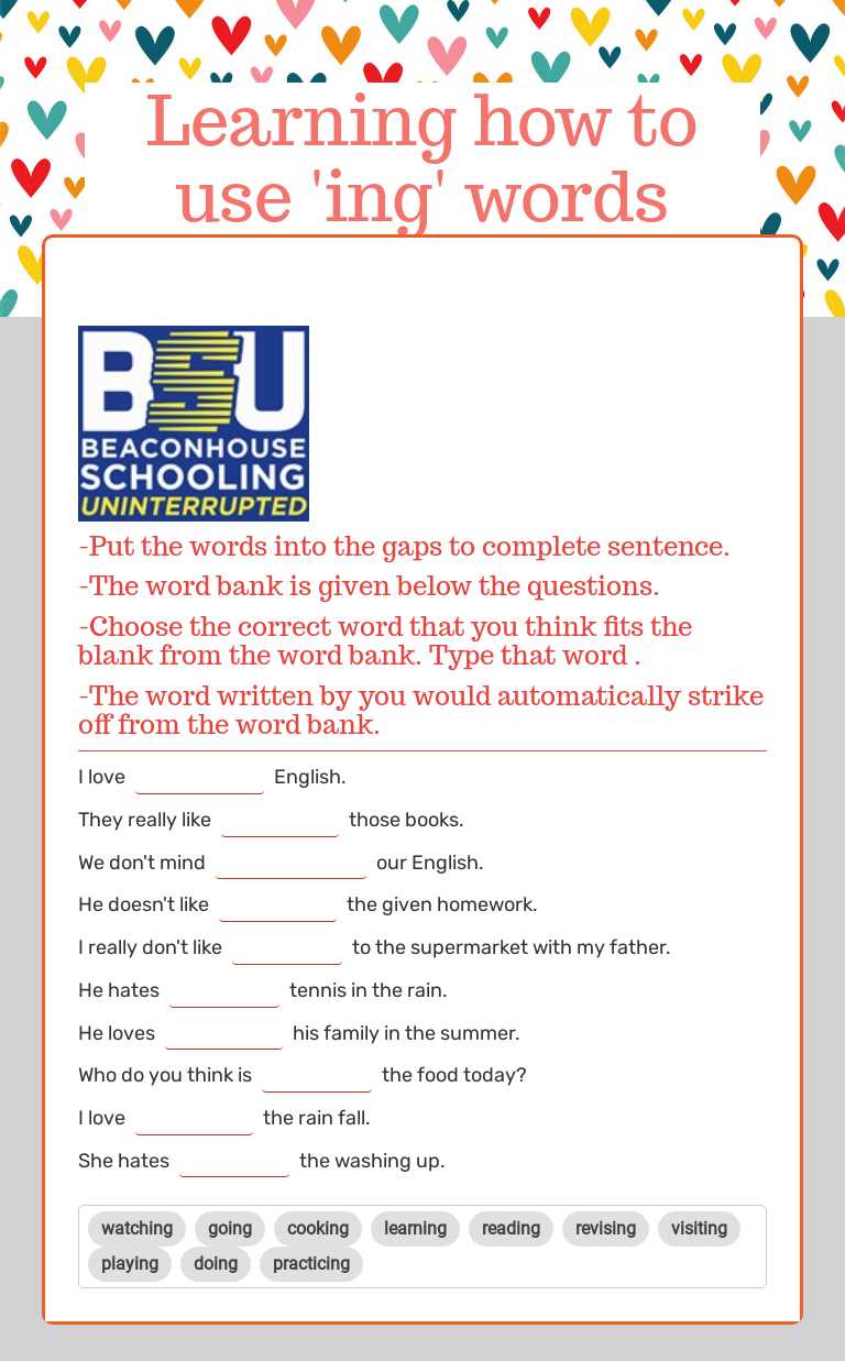 Learning how to use 'ing' words worksheet preview image