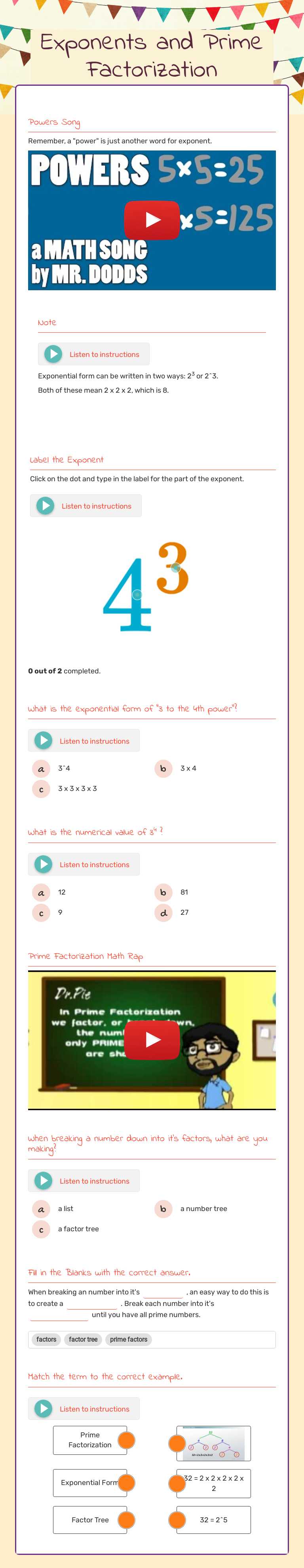 Exponents and Prime Factorization worksheet preview image