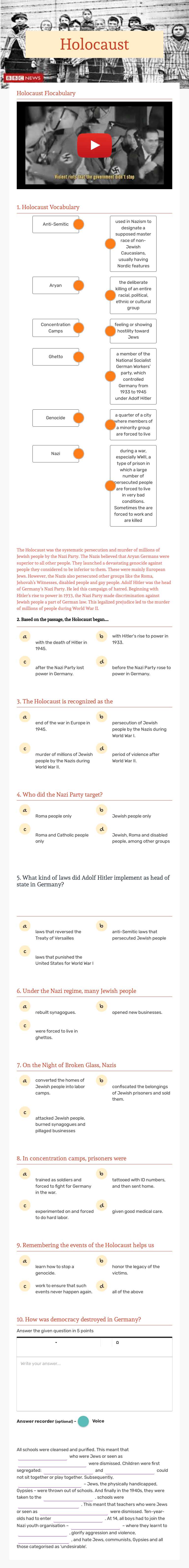Holocaust Grade 7 worksheet preview